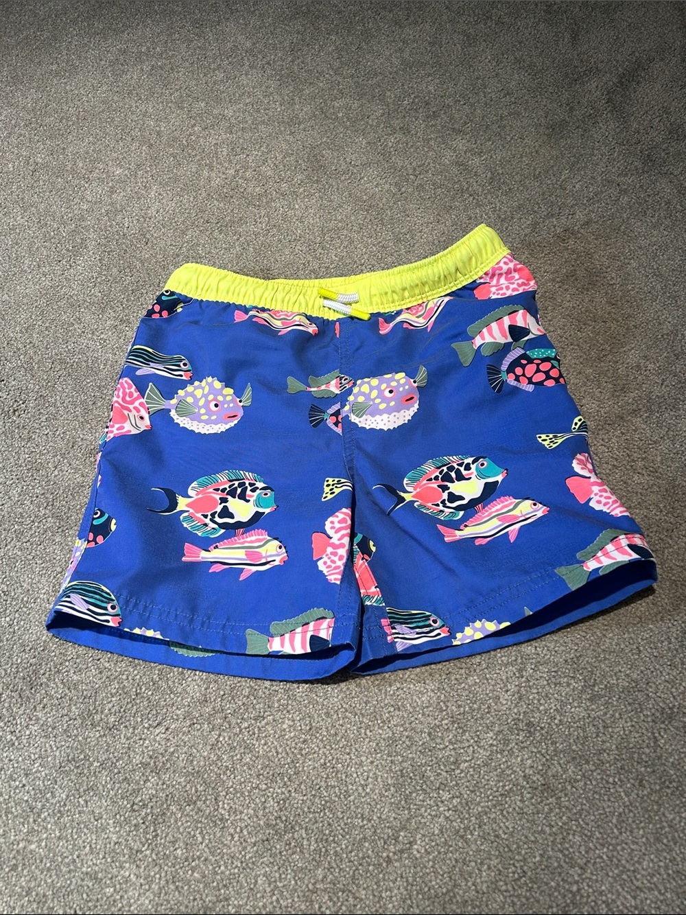 Mini Boden Royal Blue Fish-Print Swim Trunks with Yellow Waistband